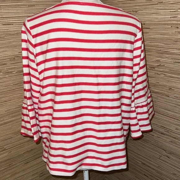 Pure medium cream & coral striped 3/4 bell sleeve French inspired boat neck top - Picture 3 of 6